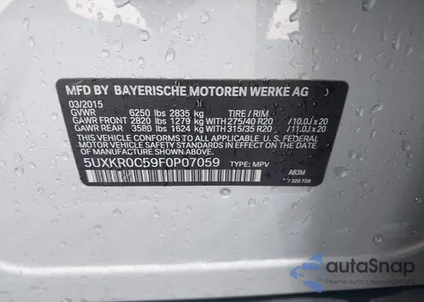 2015 BMW X5 xDrive35I из США, поврежденный, VIN 5UXKR0C59F0P07059